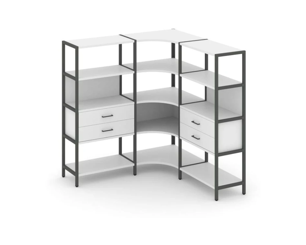 Трехсекционный угловой стеллаж четырехярусный с ящиками 1590х1590х1613 Шелф Систем / Shelf System
