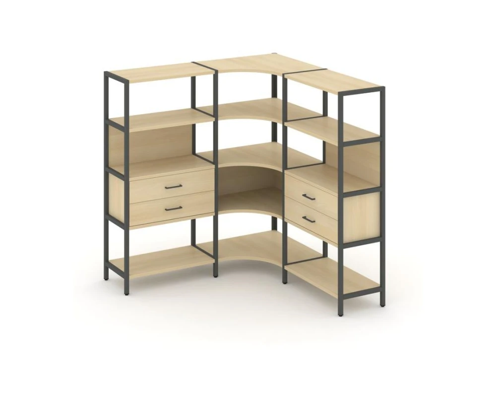 Трехсекционный угловой стеллаж четырехярусный с ящиками 1590х1590х1613 Шелф Систем / Shelf System
