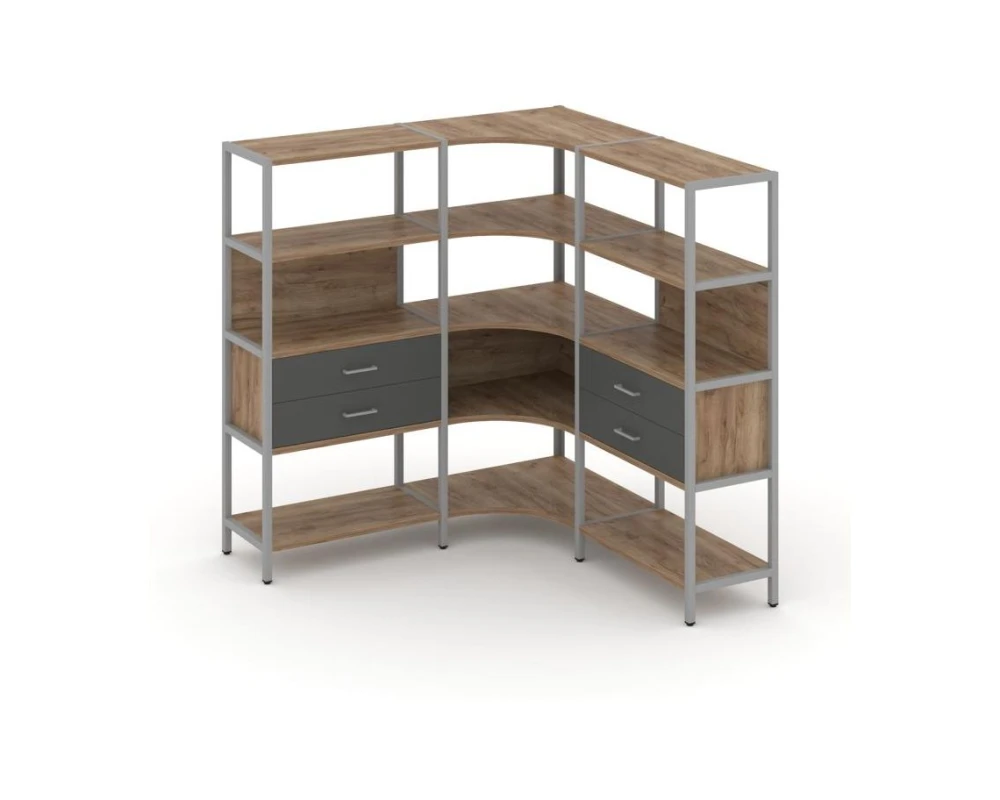 Трехсекционный угловой стеллаж четырехярусный с ящиками 1590х1590х1613 Шелф Систем / Shelf System