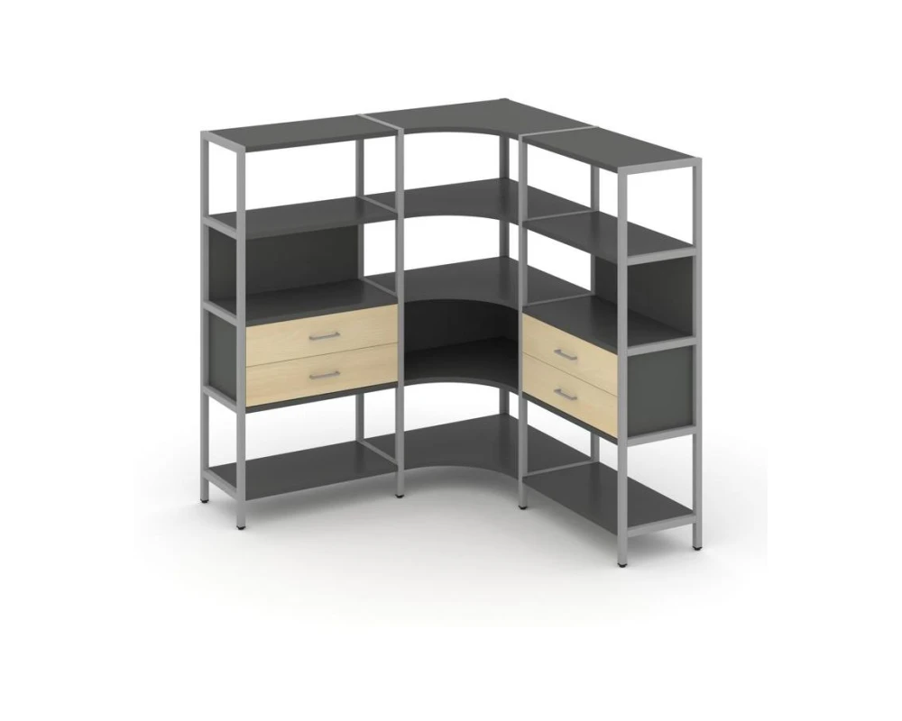 Трехсекционный угловой стеллаж четырехярусный с ящиками 1590х1590х1613 Шелф Систем / Shelf System
