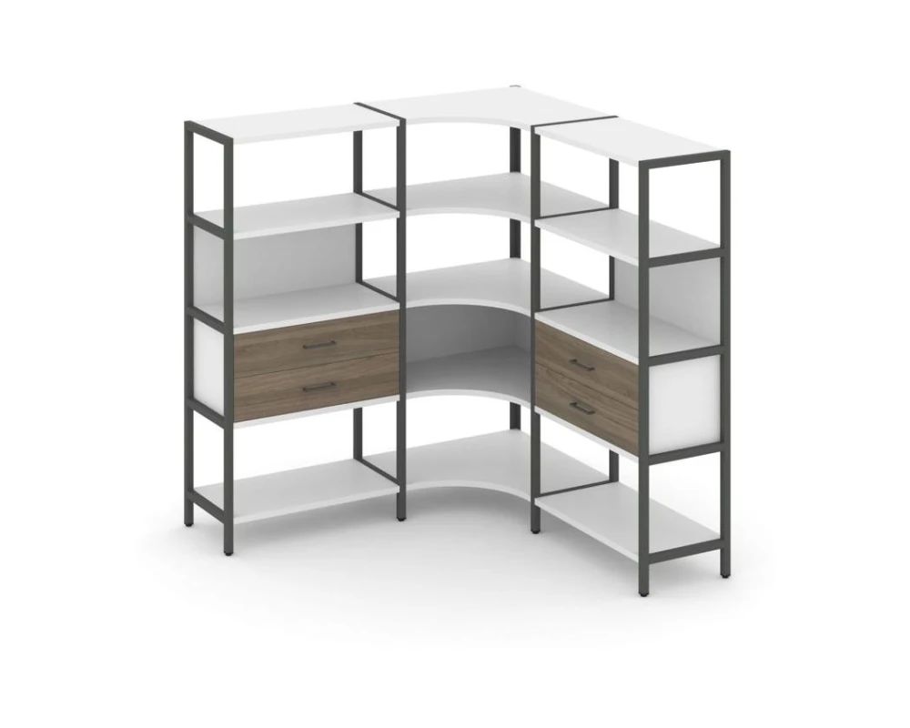 Трехсекционный угловой стеллаж четырехярусный с ящиками 1590х1590х1613 Шелф Систем / Shelf System