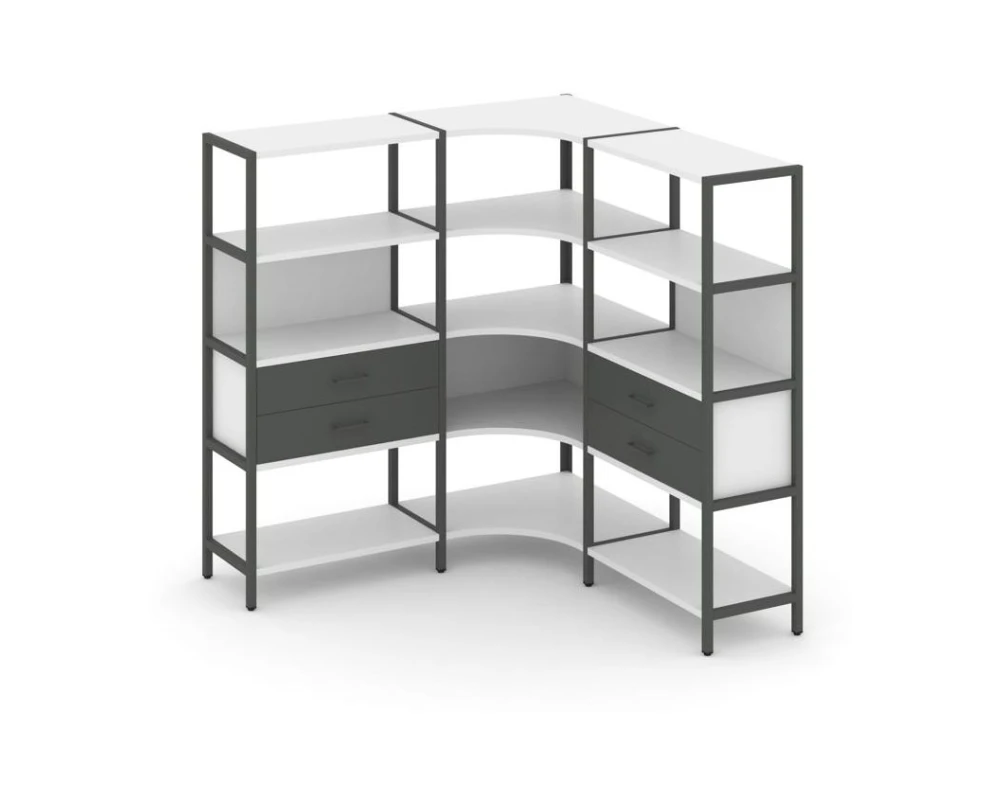 Трехсекционный угловой стеллаж четырехярусный с ящиками 1590х1590х1613 Шелф Систем / Shelf System