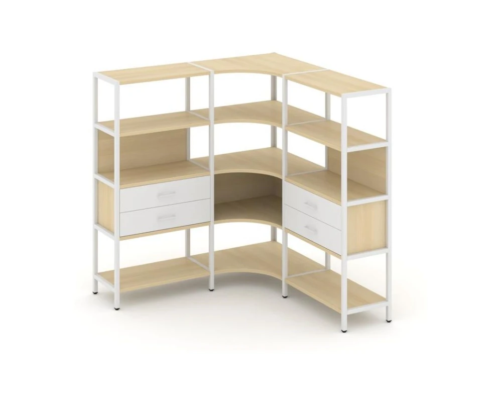 Трехсекционный угловой стеллаж четырехярусный с ящиками 1590х1590х1613 Шелф Систем / Shelf System