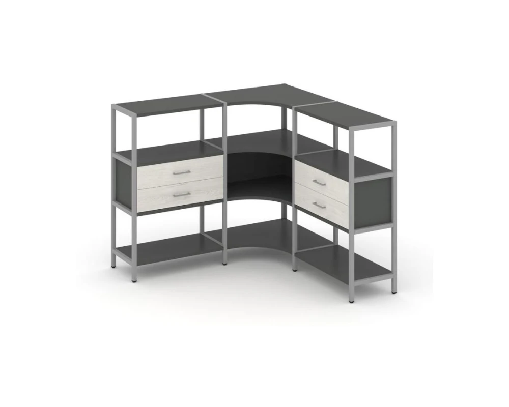 Трехсекционный угловой стеллаж трехярусный с ящиками 1590х1590х1246 Шелф Систем / Shelf System