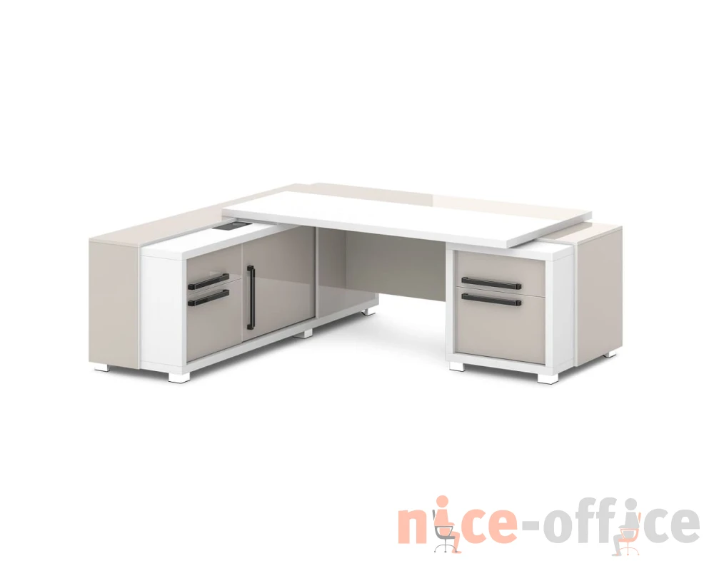 Стол с тумбой и греденцией (беспроводная зарядка, 2xUSB, розетка) 2270х2016х750 Грейс / Grace